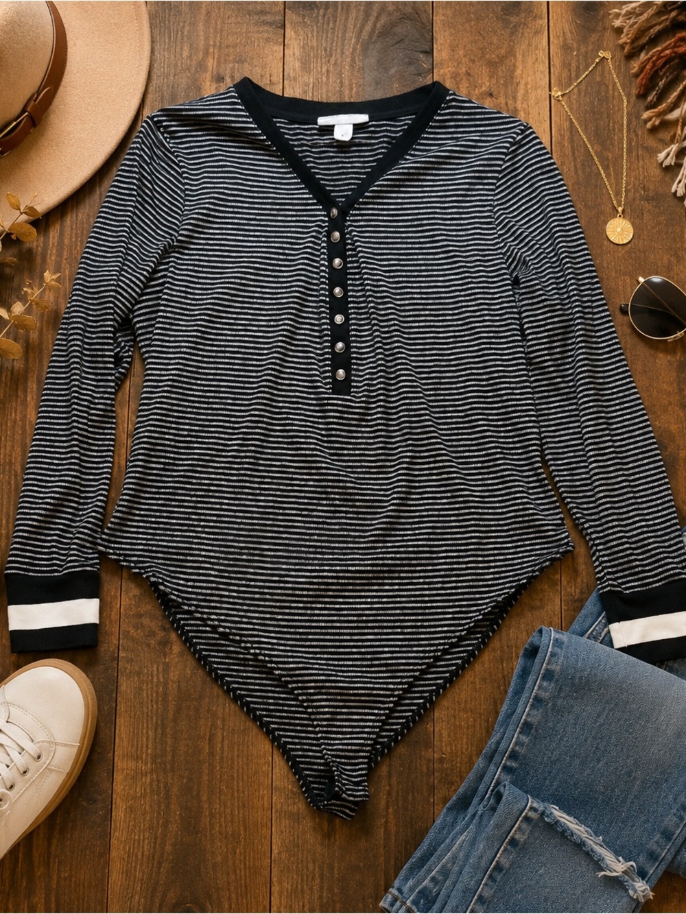 La Ligne Black & White Striped Henley Long Sleeve Bodysuit 1X